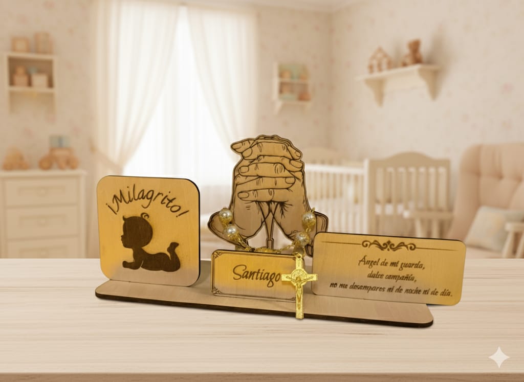 Personalized Wooden Baby Blessing Decor – Detachable Design with Rosary Option