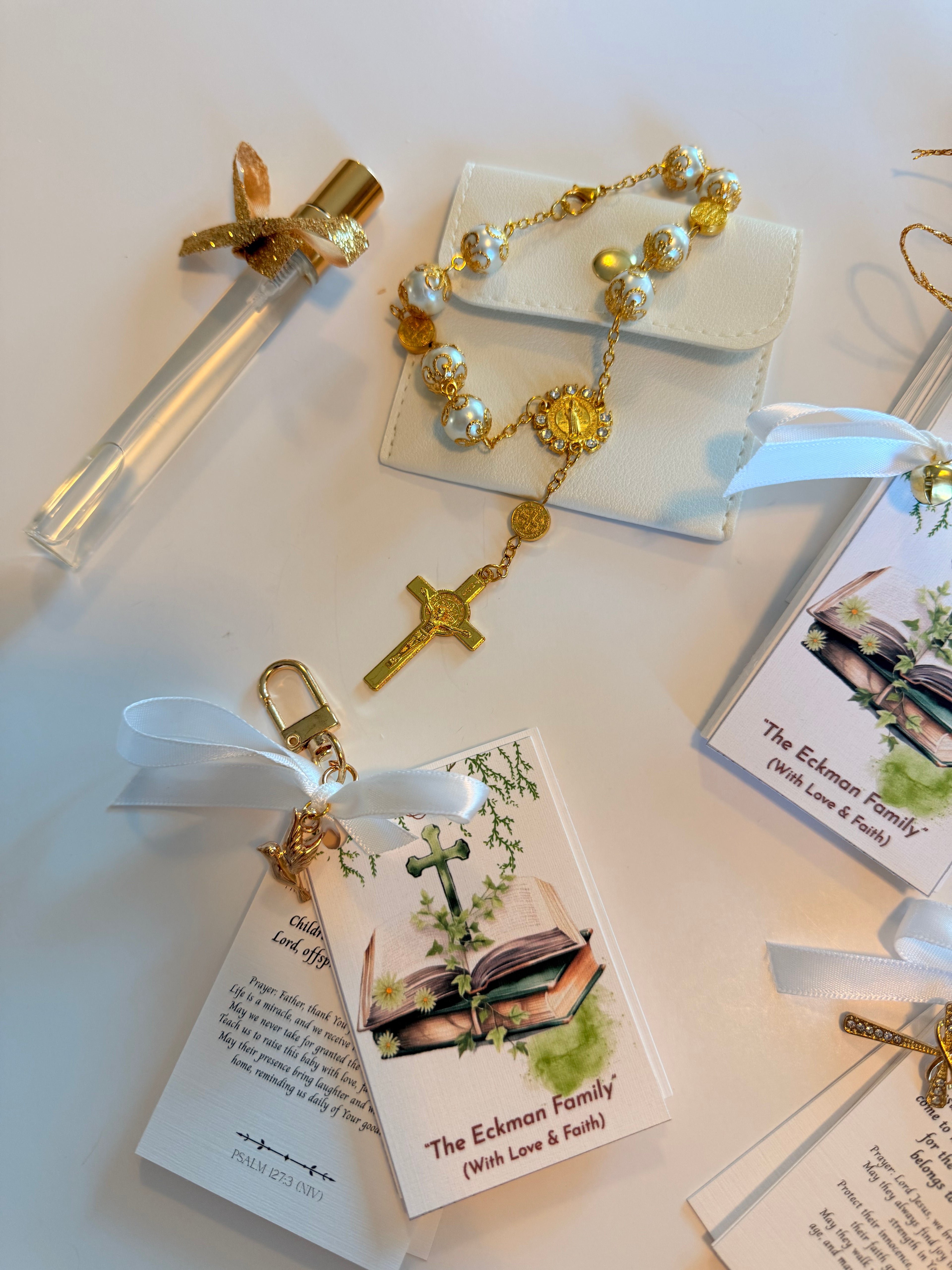 Gold Bible Keychain & Leather Rosary Set – Personalized Gift