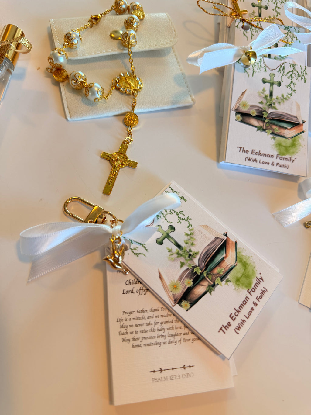 Gold Bible Keychain & Leather Rosary Set – Personalized Gift