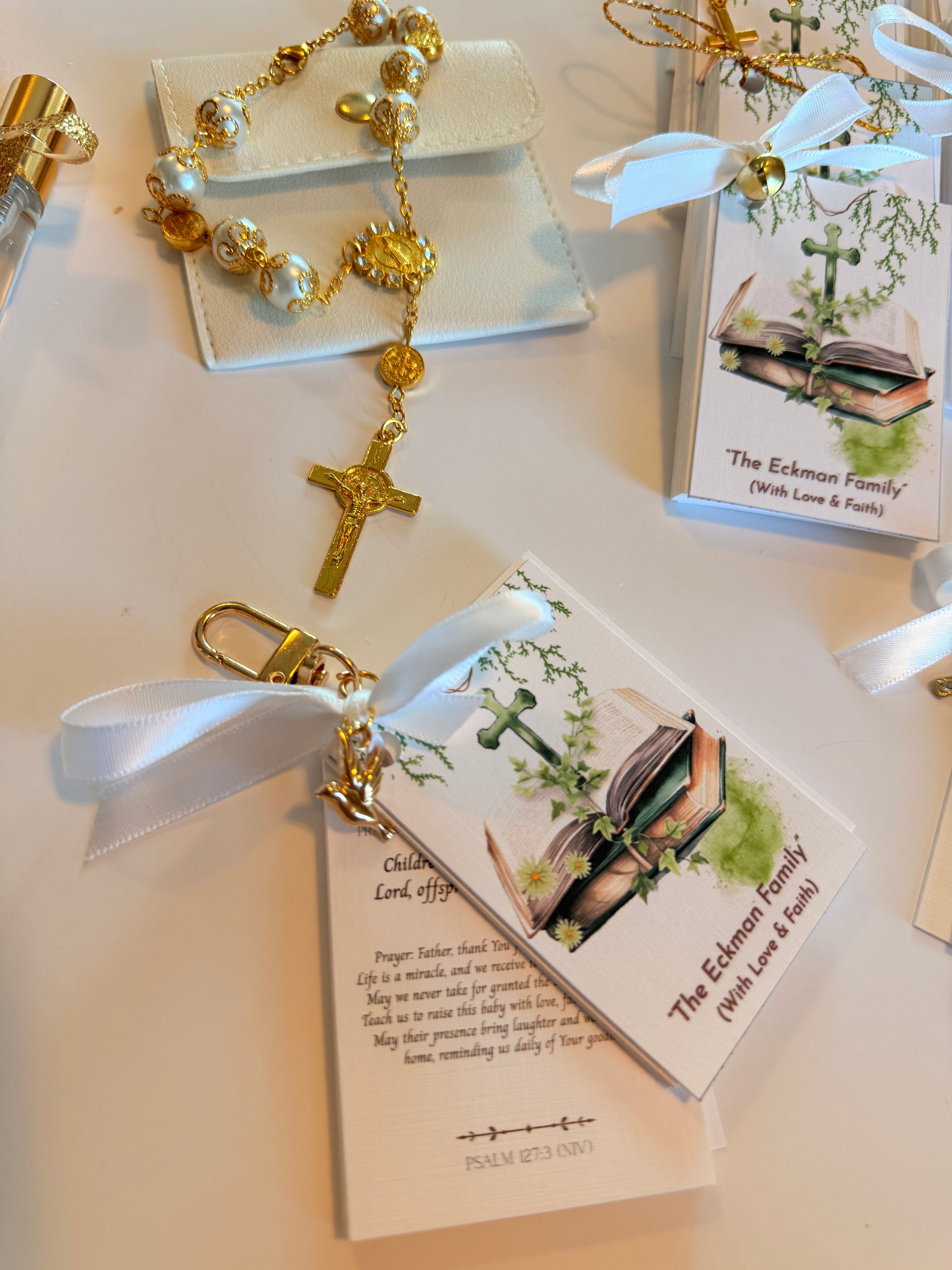 Gold Bible Keychain & Leather Rosary Set – Personalized Gift