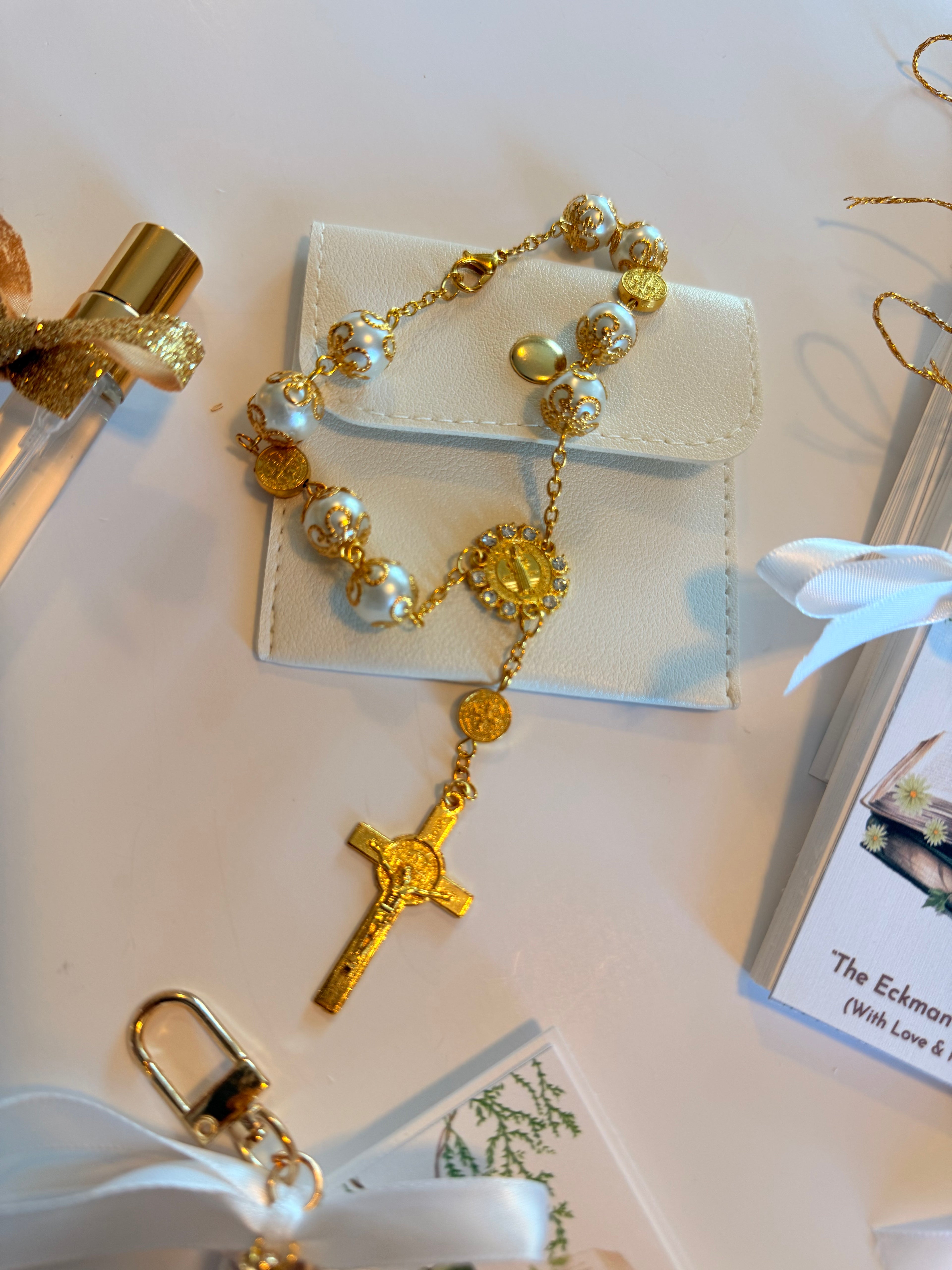 Gold Bible Keychain & Leather Rosary Set – Personalized Gift