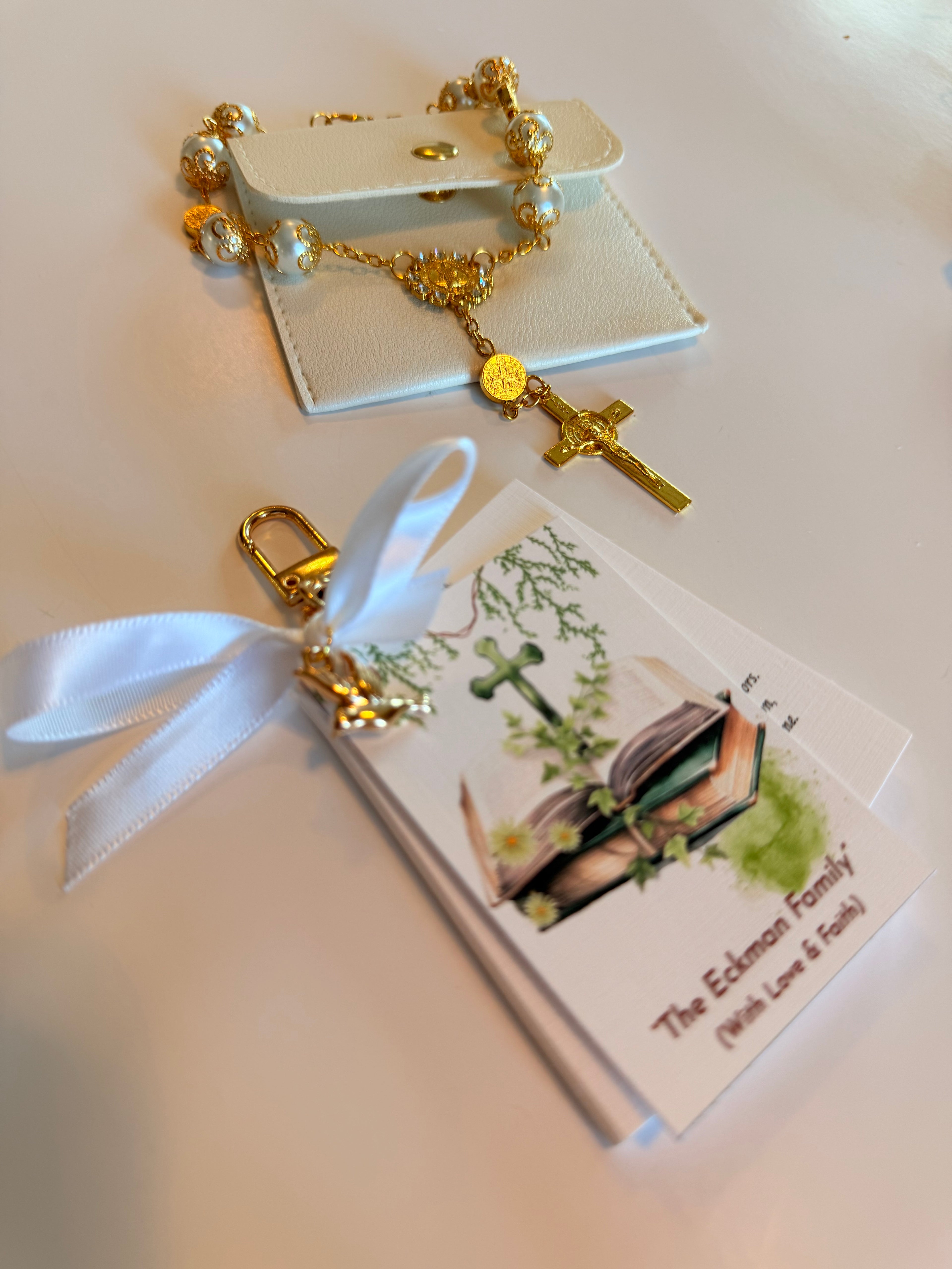 Gold Bible Keychain & Leather Rosary Set – Personalized Gift