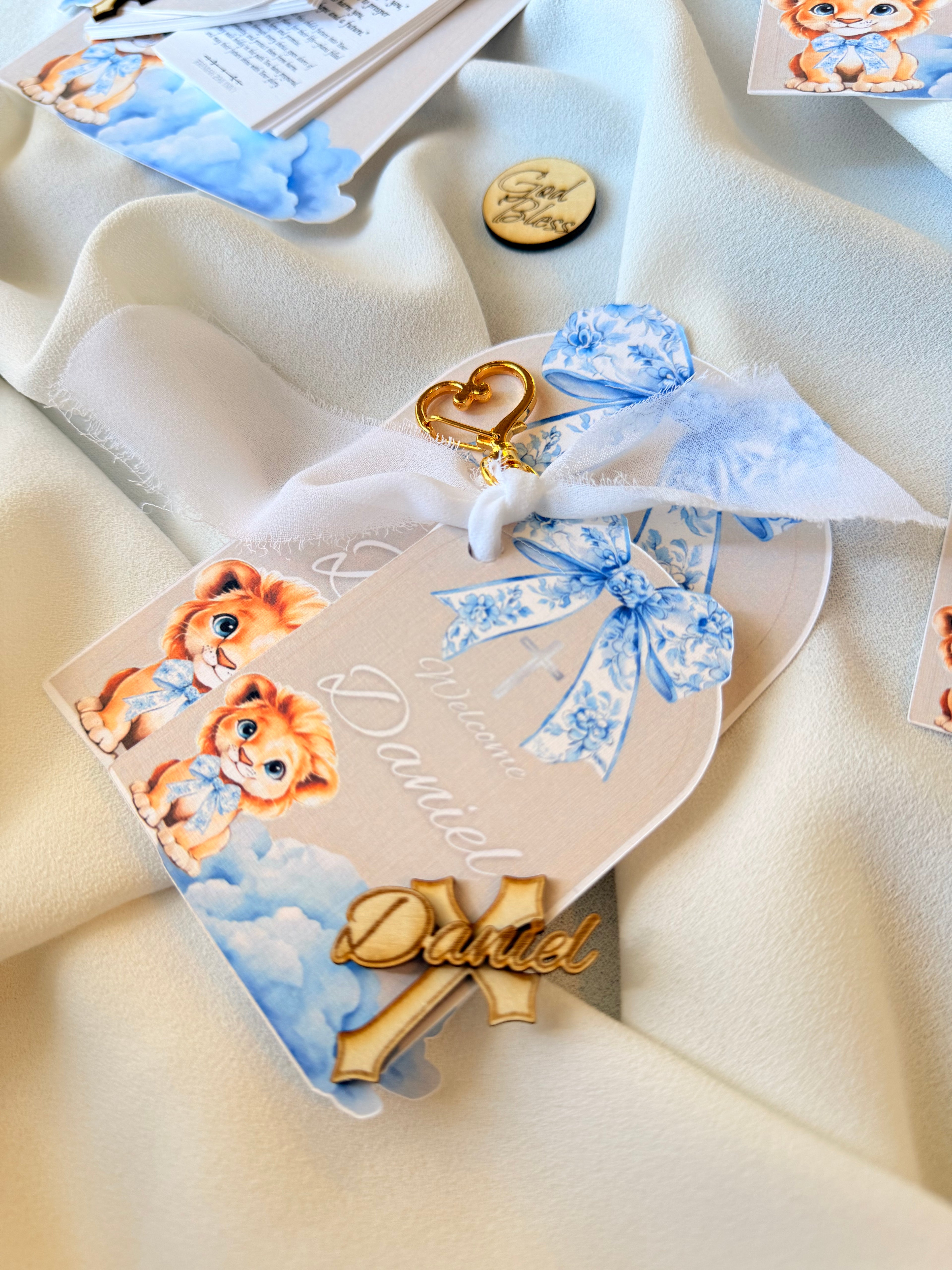 Personalized Mini Bible Booklet with Keychain – Fabric Ribbon Edition