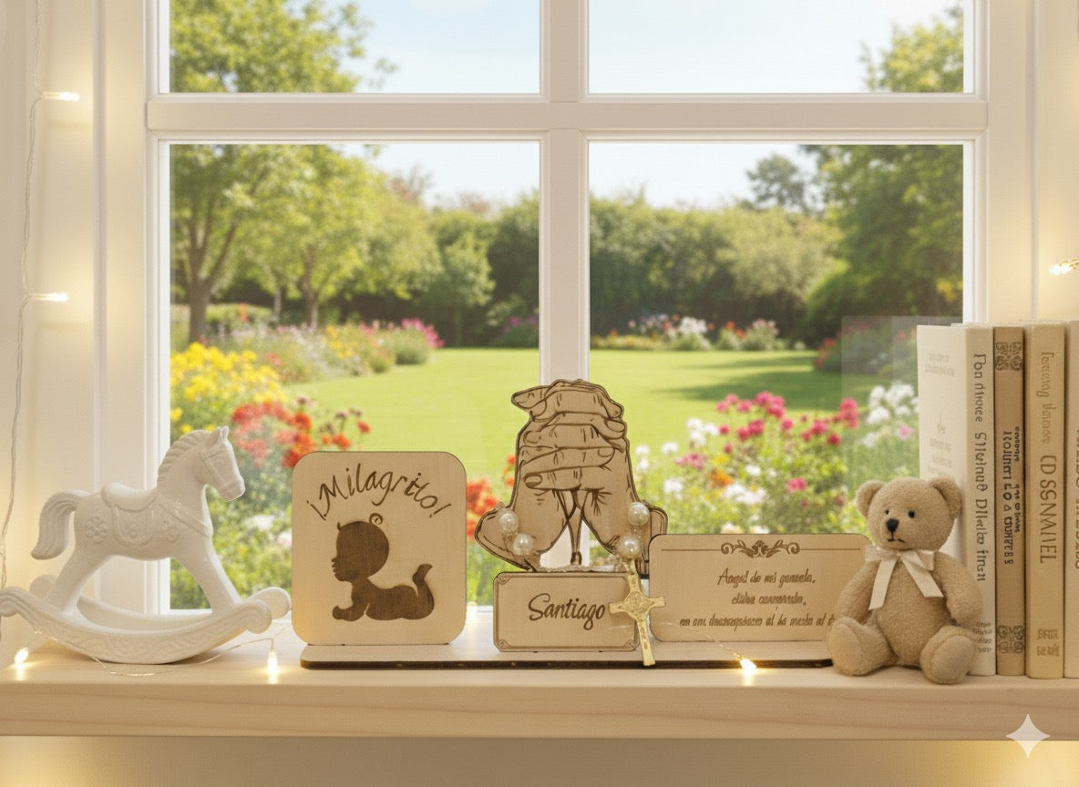 Personalized Wooden Baby Blessing Decor – Detachable Design with Rosary Option