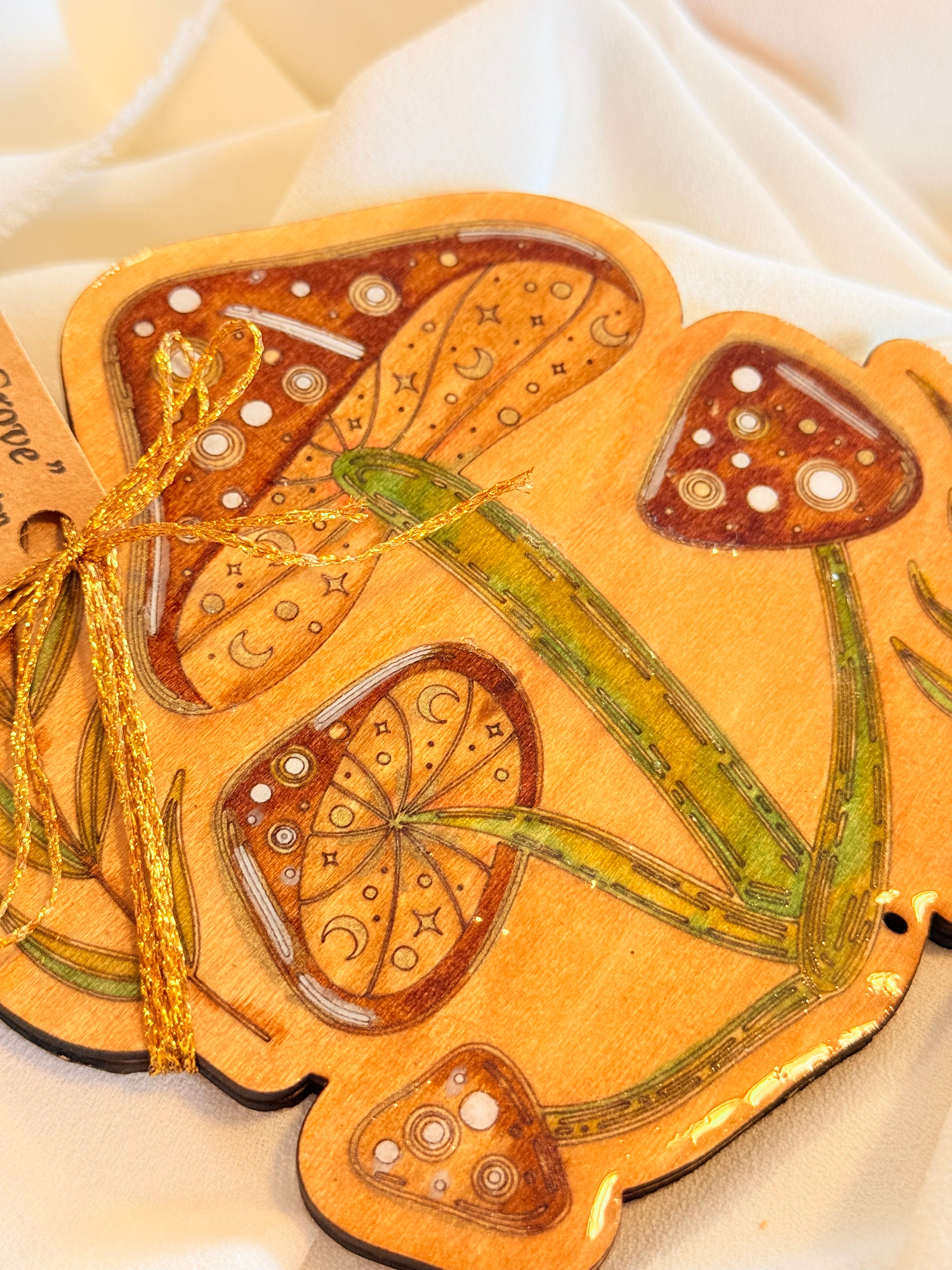 Mystic Mushroom Wooden Incense Holder – Handcrafted Resin Forest Art