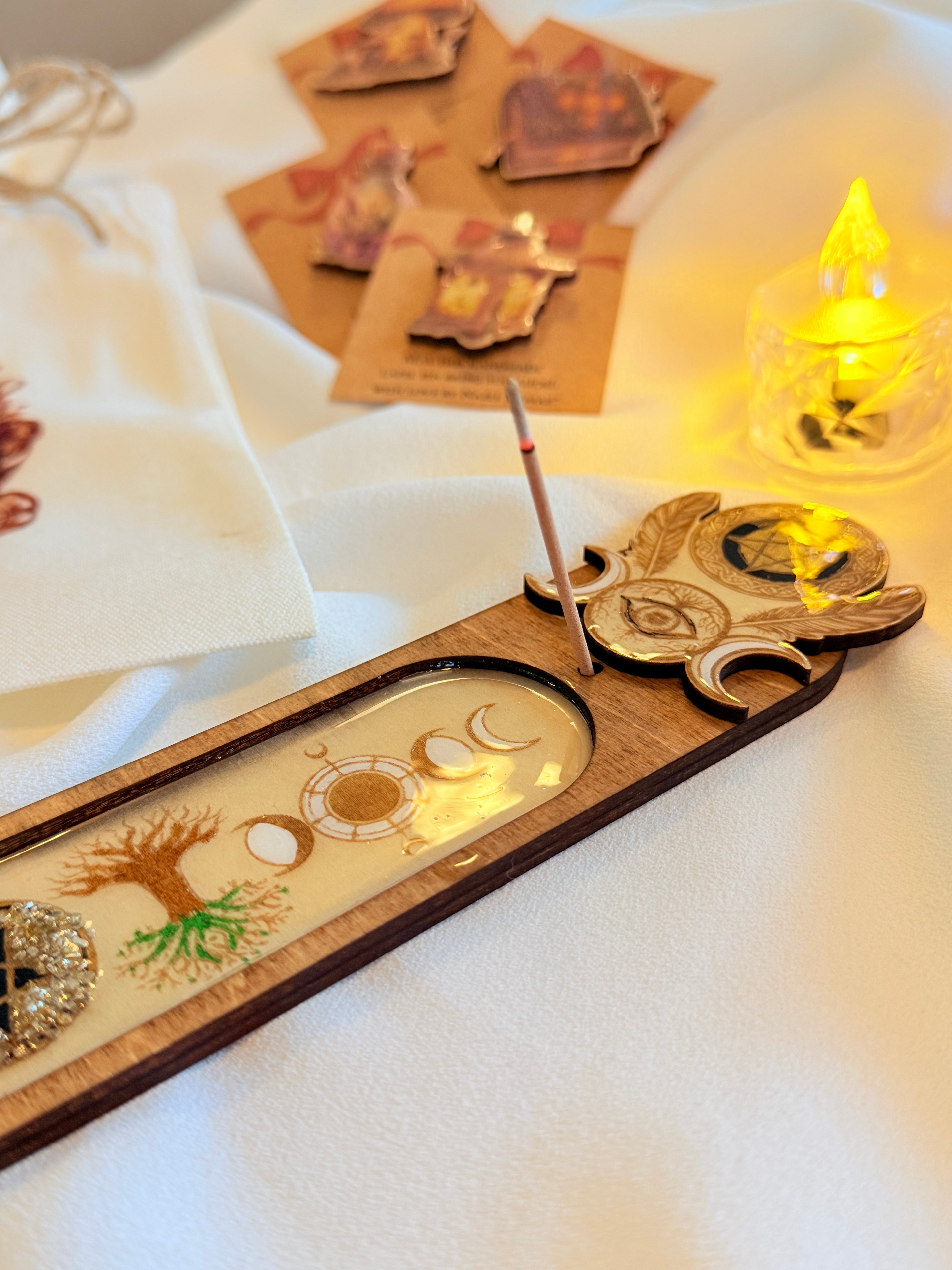 Witchy Wooden Incense Holder – Handcrafted Resin & Elemental Symbols