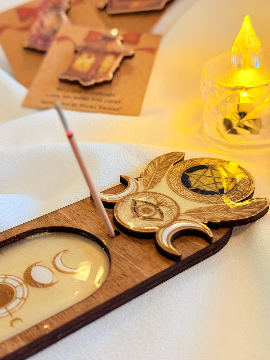 Witchy Wooden Incense Holder – Handcrafted Resin & Elemental Symbols