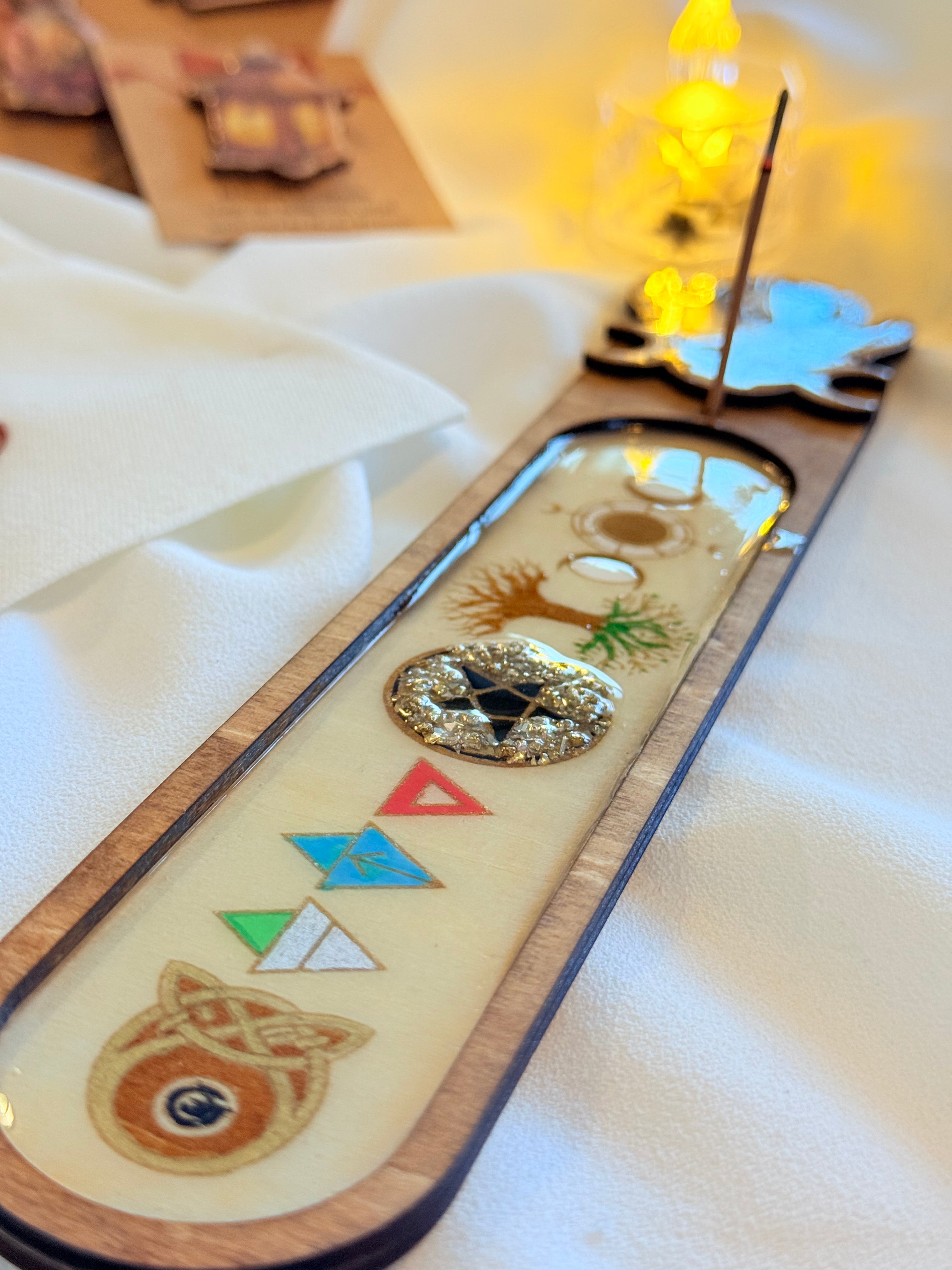 Witchy Wooden Incense Holder – Handcrafted Resin & Elemental Symbols