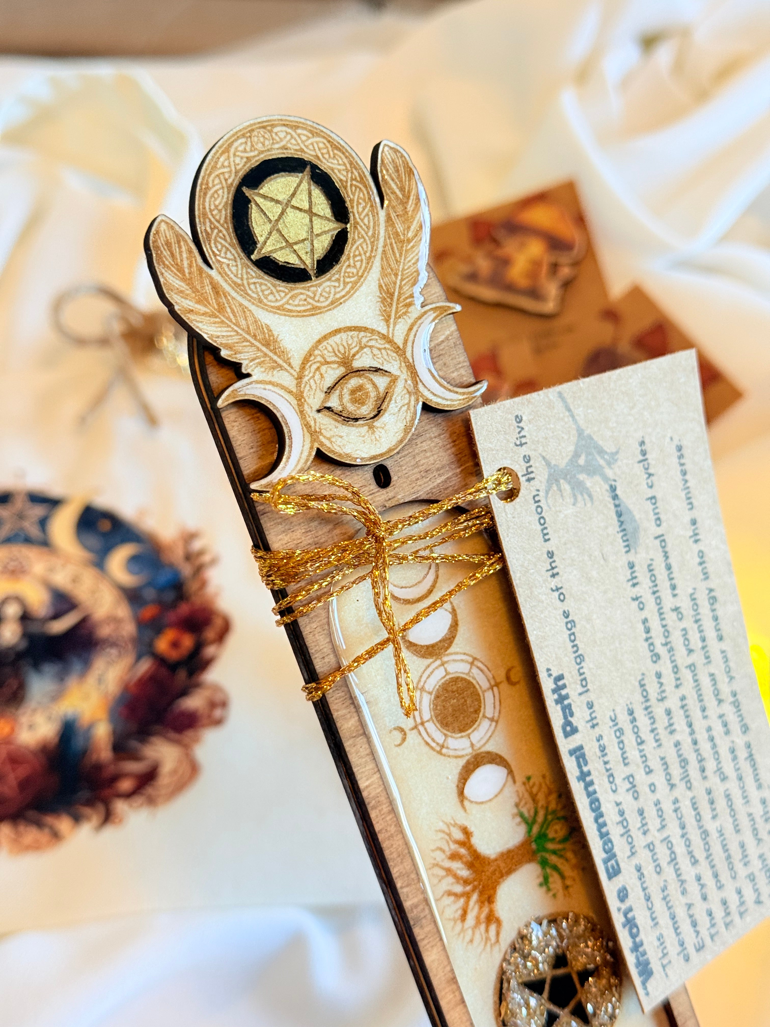 Witchy Wooden Incense Holder – Handcrafted Resin & Elemental Symbols
