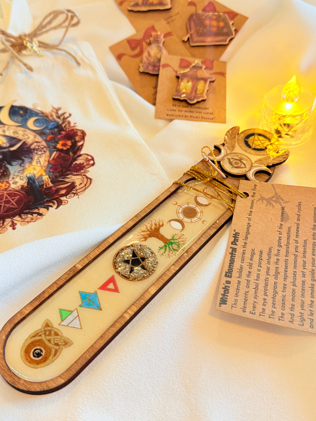 Witchy Wooden Incense Holder – Handcrafted Resin & Elemental Symbols