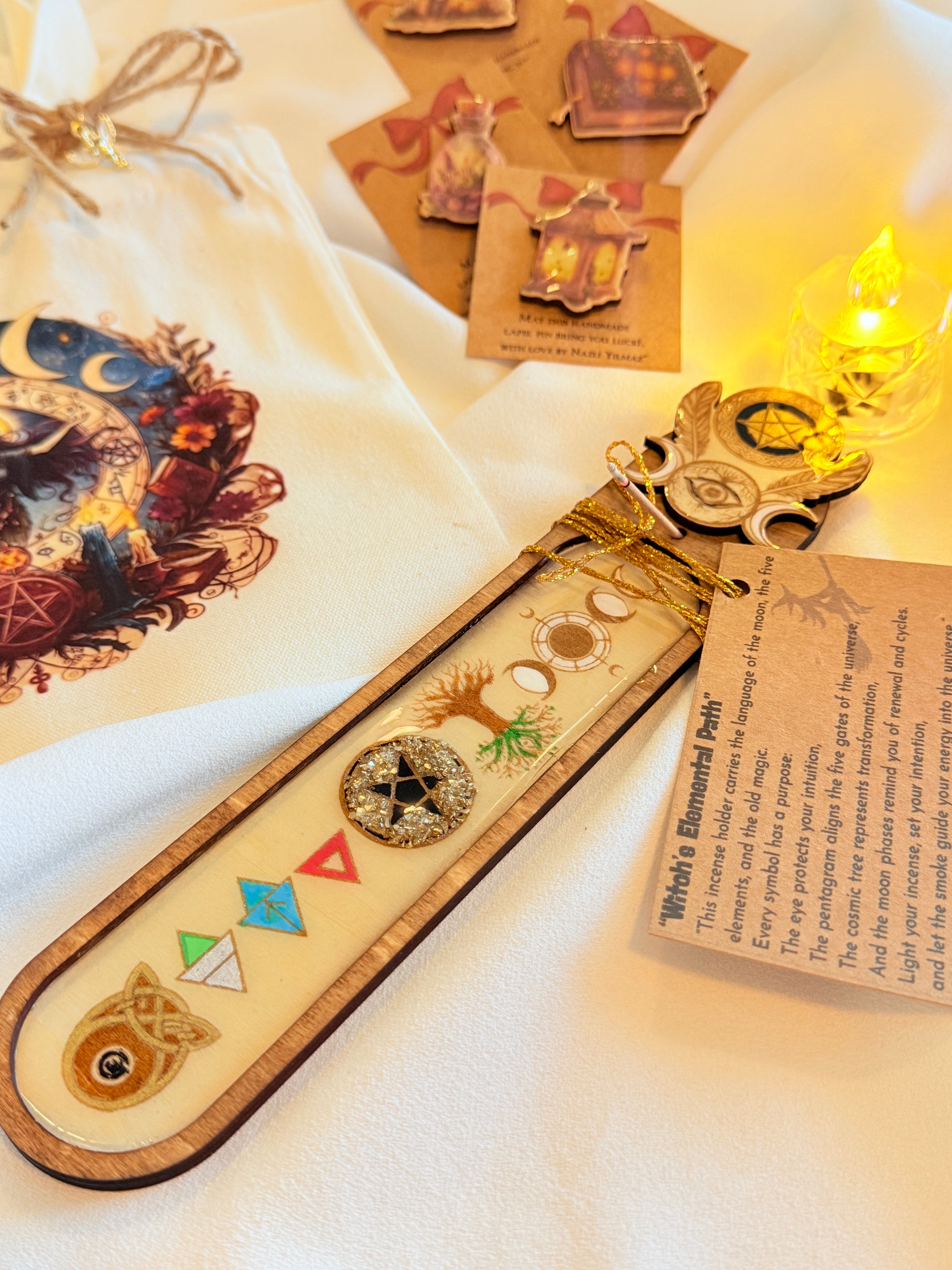 Witchy Wooden Incense Holder – Handcrafted Resin & Elemental Symbols