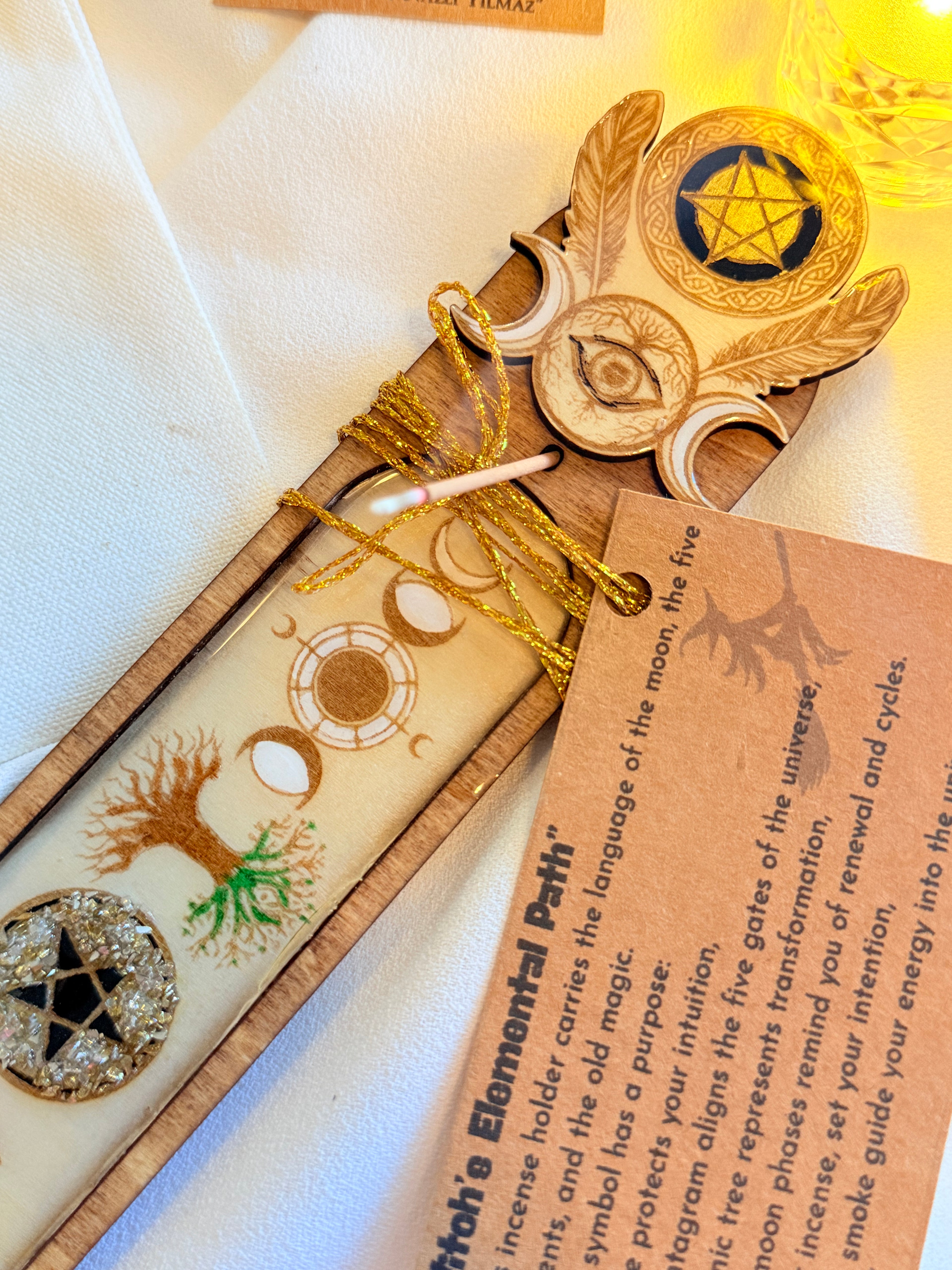 Witchy Wooden Incense Holder – Handcrafted Resin & Elemental Symbols