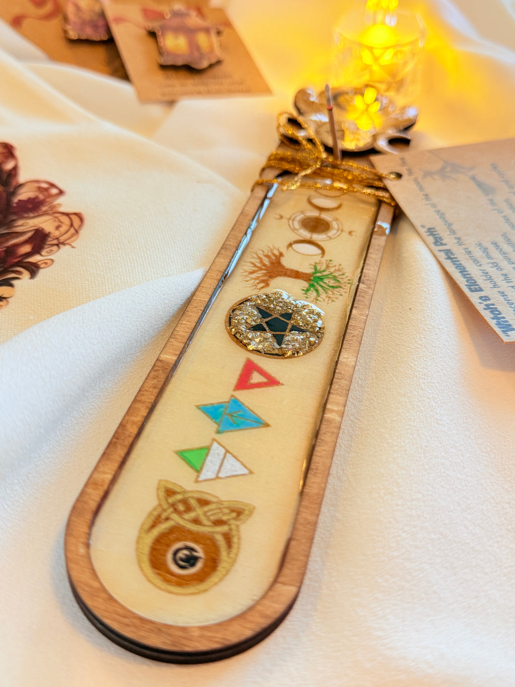 Witchy Wooden Incense Holder – Handcrafted Resin & Elemental Symbols