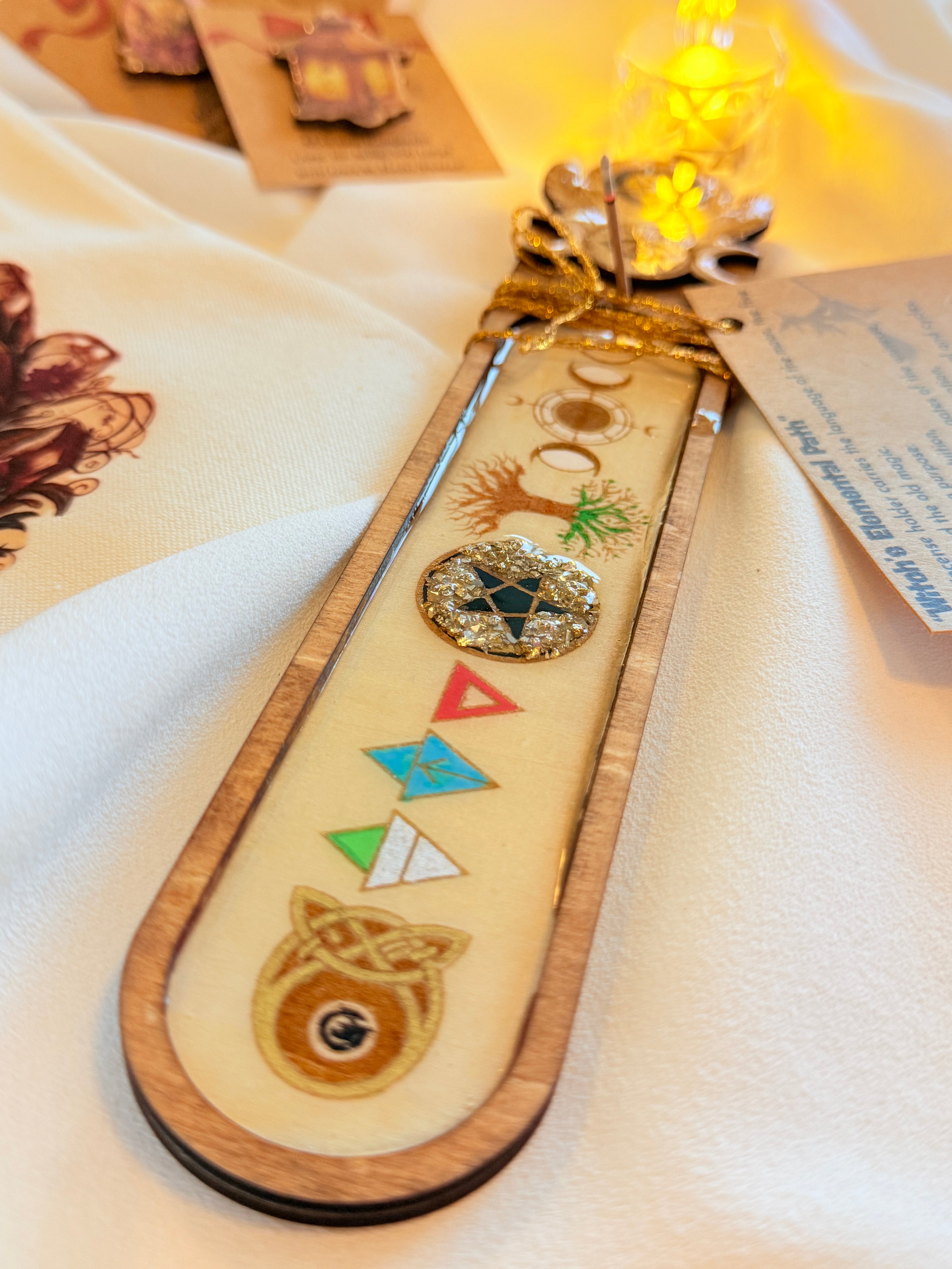 Witchy Wooden Incense Holder – Handcrafted Resin & Elemental Symbols