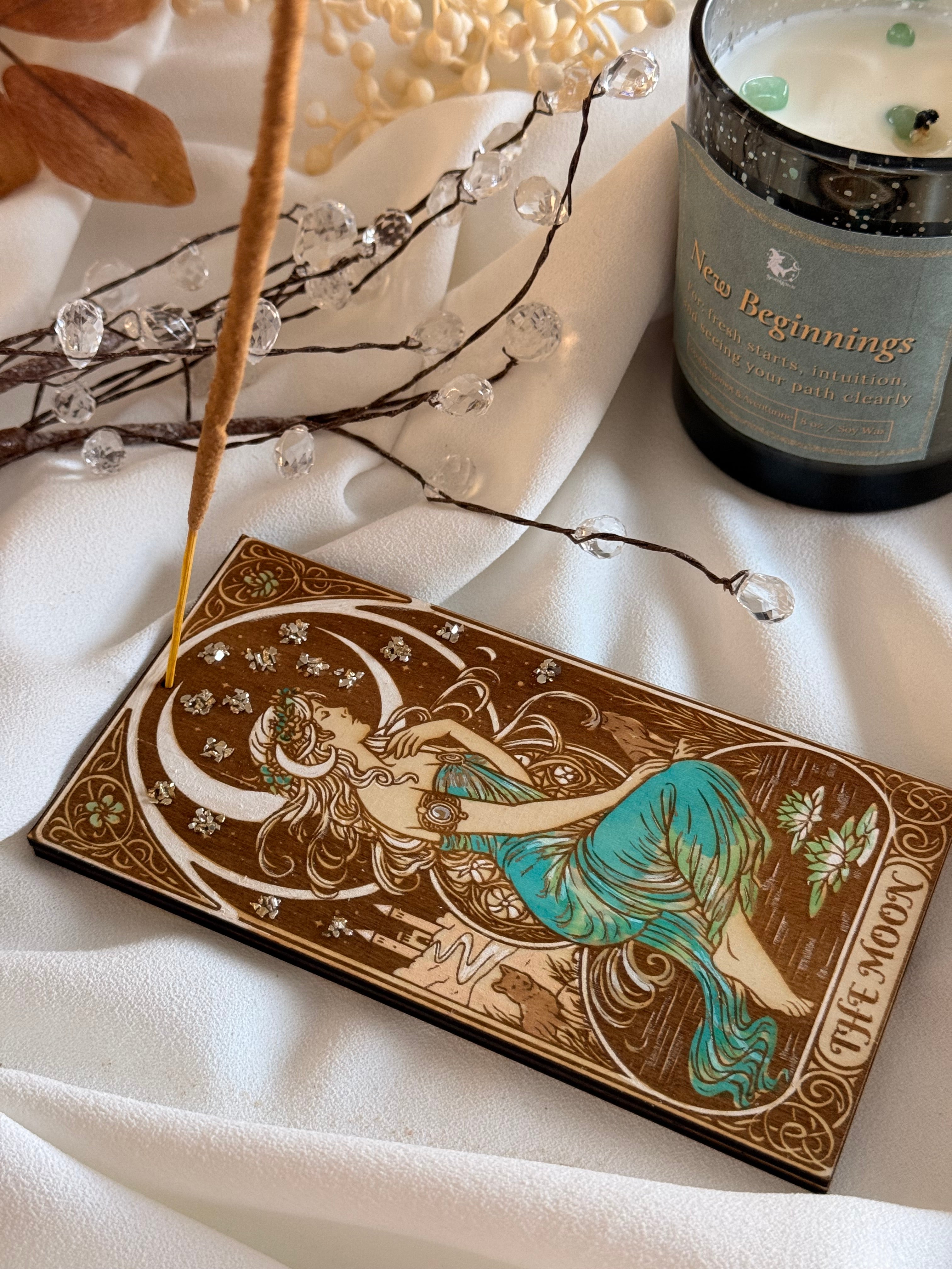 The Moon Tarot Wooden Incense Holder – Handcrafted Spiritual Decor