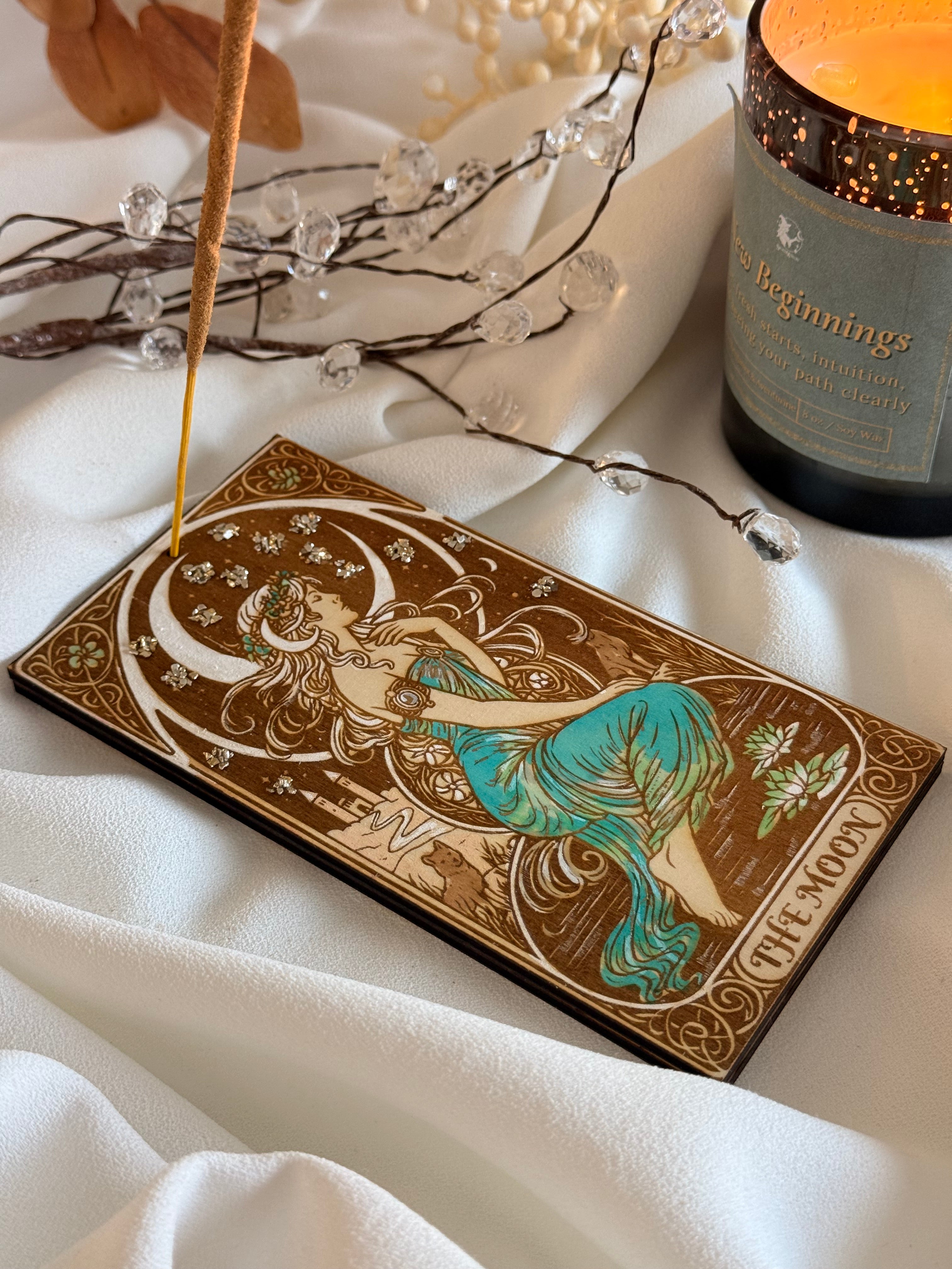 The Moon Tarot Wooden Incense Holder – Handcrafted Spiritual Decor