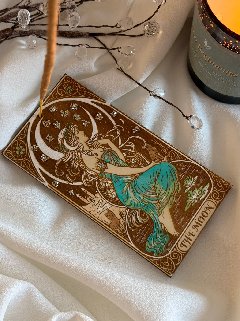 The Moon Tarot Wooden Incense Holder – Handcrafted Spiritual Decor