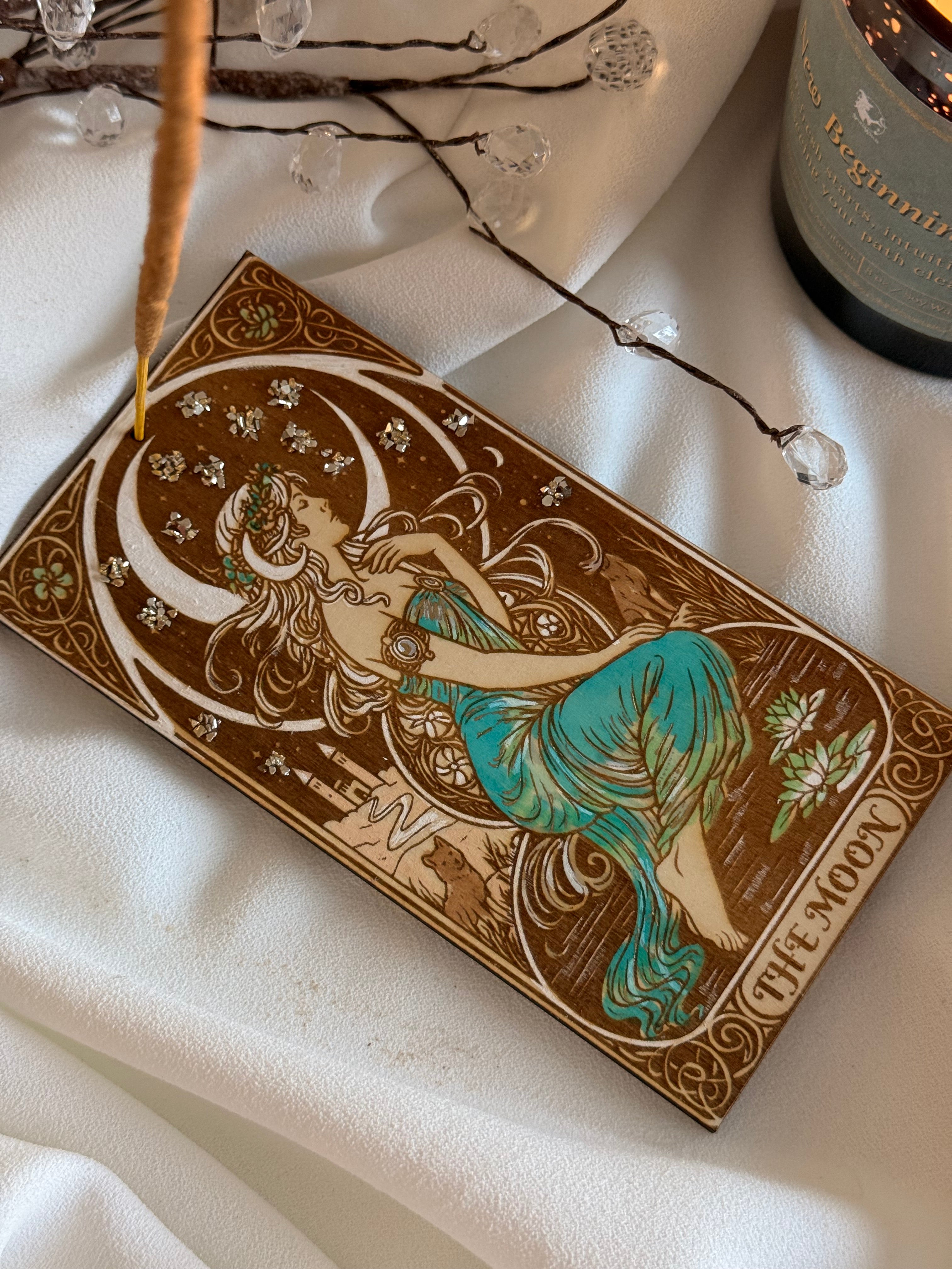 The Moon Tarot Wooden Incense Holder – Handcrafted Spiritual Decor