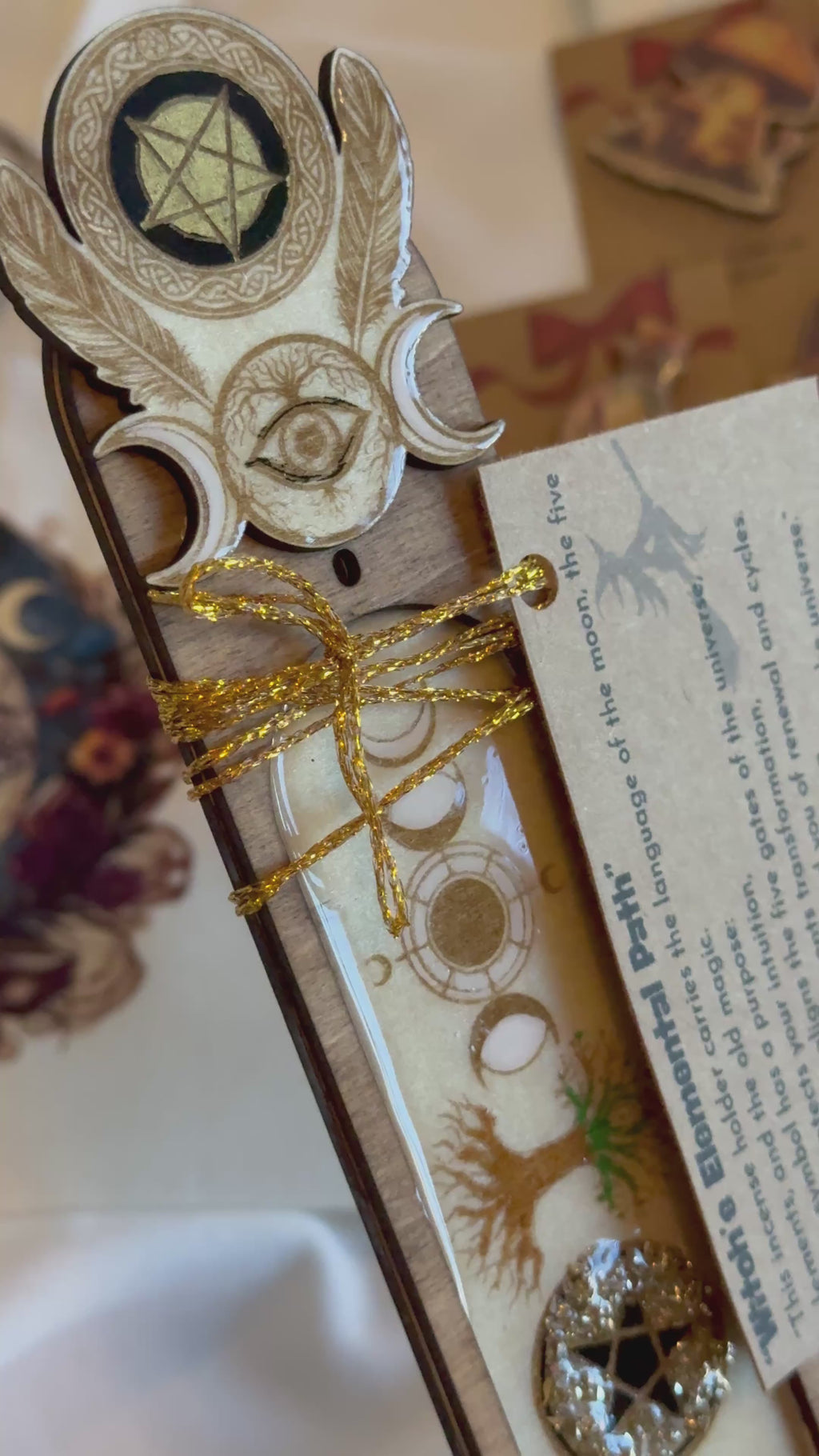 Witchy Wooden Incense Holder – Handcrafted Resin & Elemental Symbols