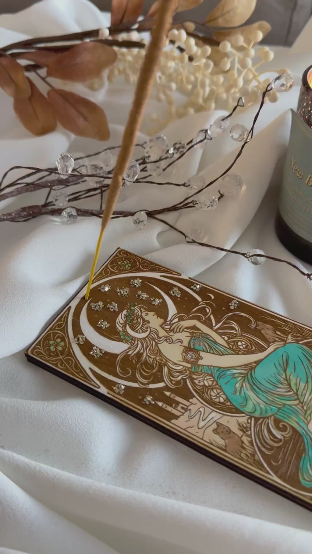 The Moon Tarot Wooden Incense Holder – Handcrafted Spiritual Decor