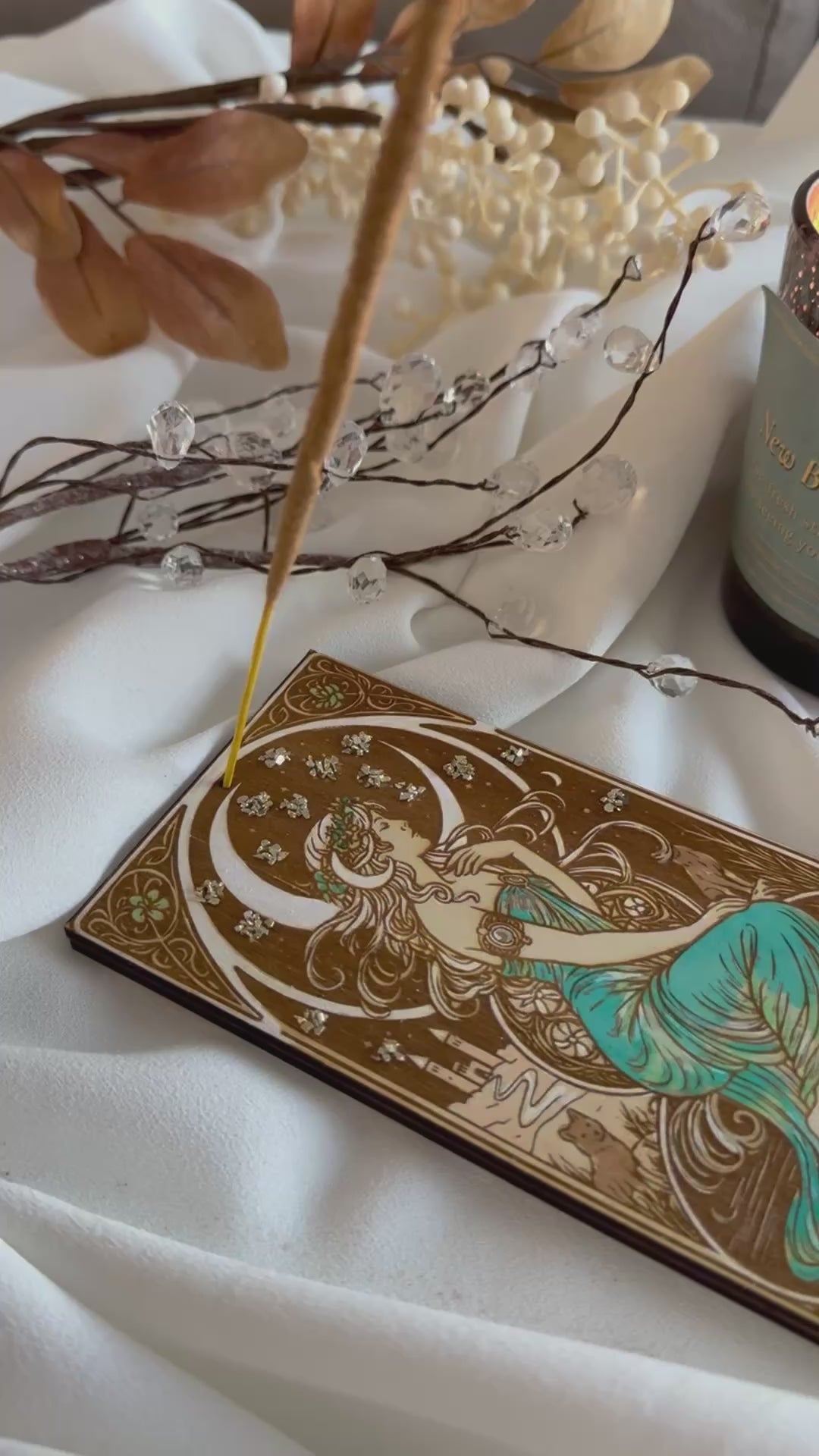 The Moon Tarot Wooden Incense Holder – Handcrafted Spiritual Decor